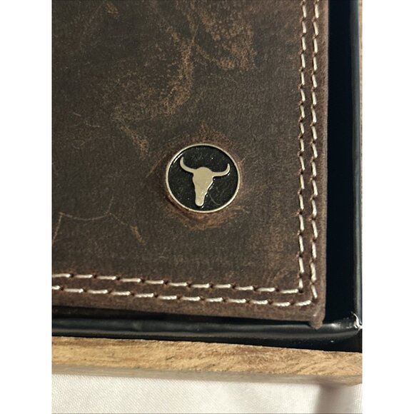 AMERICAN BISON Genuine Brown Leather Wallet Stitching Metal Logo Bifold Western - Picture 7 of 9